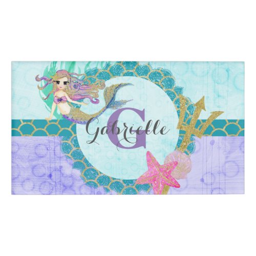 Cute Monogram Mermaid Teal  Purple Watercolor Name Tag