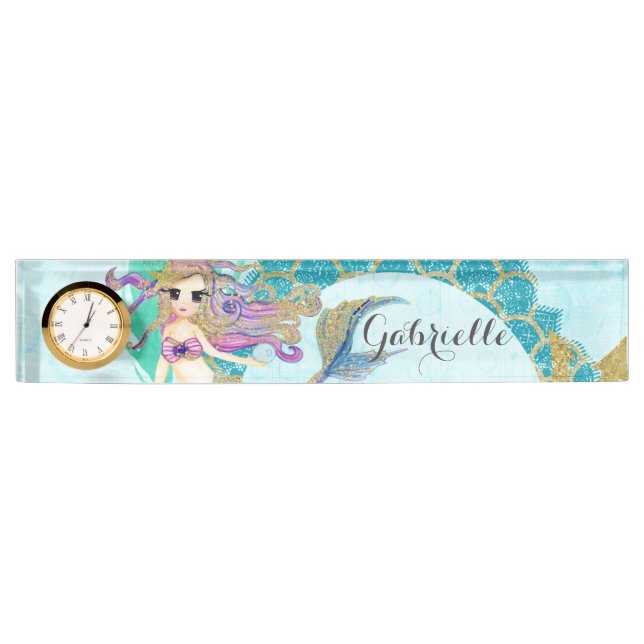 Cute Monogram Mermaid Teal & Purple Watercolor Nameplate (Front)