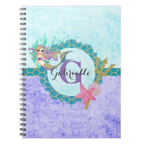 Cute Monogram Mermaid Teal  Purple Watercolor Notebook