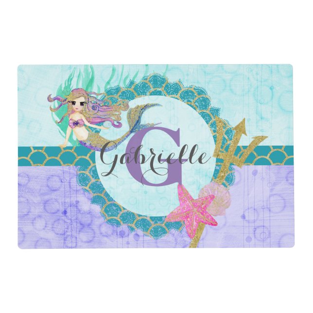 Cute Monogram Mermaid Teal & Purple Watercolor Placemat (Front)