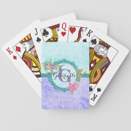 Cute Monogram Mermaid Teal & Purple Watercolor Playing Cards