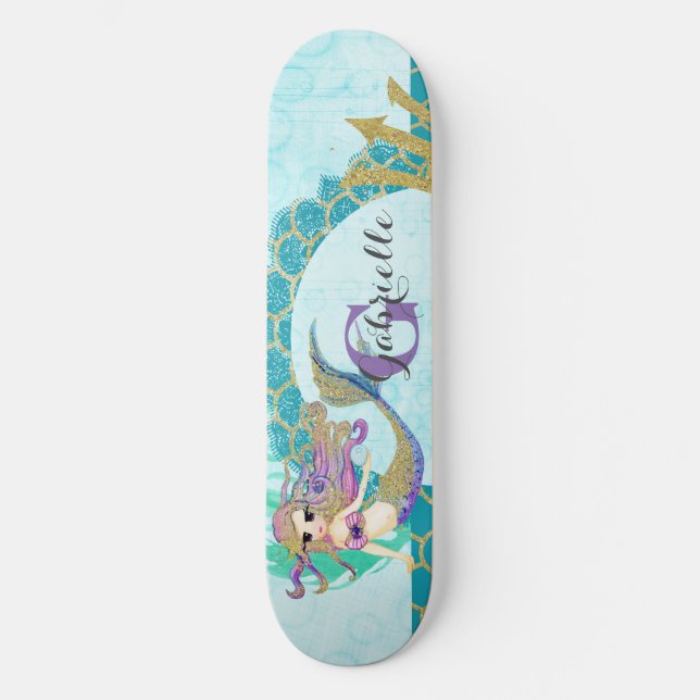 Cute Monogram Mermaid Teal & Purple Watercolor Skateboard Deck (Front)
