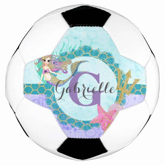 Cute Monogram Mermaid Teal & Purple Watercolor Soccer Ball (Front)