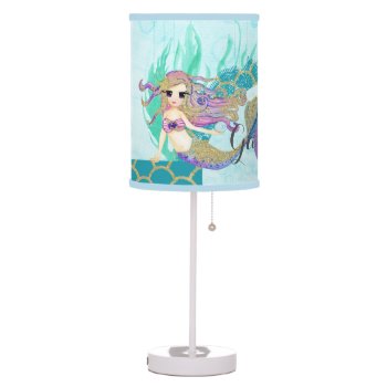Cute Monogram Mermaid Teal & Purple Watercolor Table Lamp by ClipartBrat at Zazzle