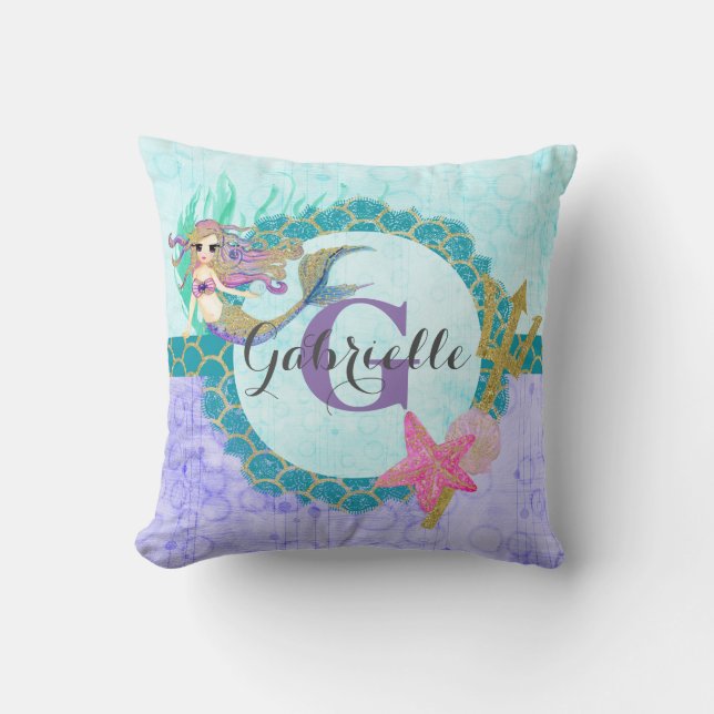 Cute Monogram Mermaid Teal & Purple Watercolor Throw Pillow (Front)