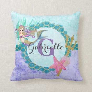 Cute Monogram Mermaid Teal & Purple Watercolor Throw Pillow by ClipartBrat at Zazzle