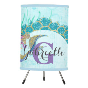 Cute Monogram Mermaid Teal & Purple Watercolor Tripod Lamp