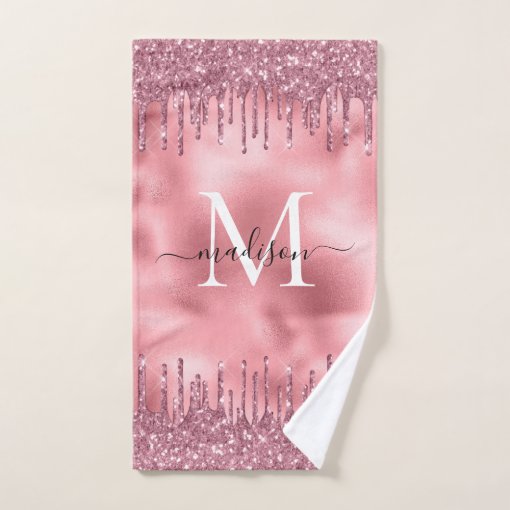 Cute Monogram Metallic Blush Pink Dripping Glitter Bath Towel Set Zazzle