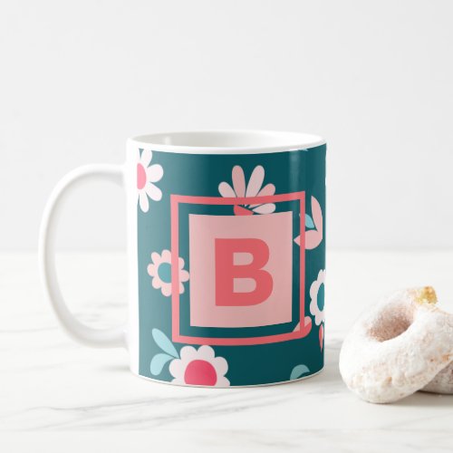 Cute Monogram Modern Pink and Teal Floral Pattern Coffee Mug