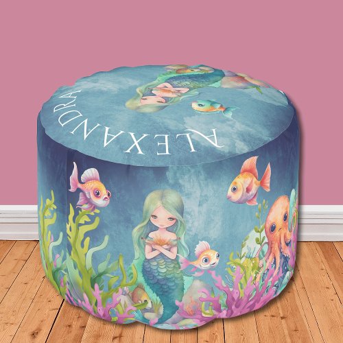 Cute Monogram Name Blue Watercolor  Mermaid Pouf