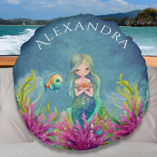Cute Monogram Name Blue Watercolor  Mermaid Round Pillow