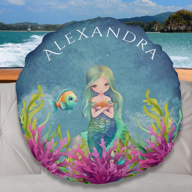 Cute Monogram Name Blue Watercolor  Mermaid Round Pillow (Creator Uploaded)