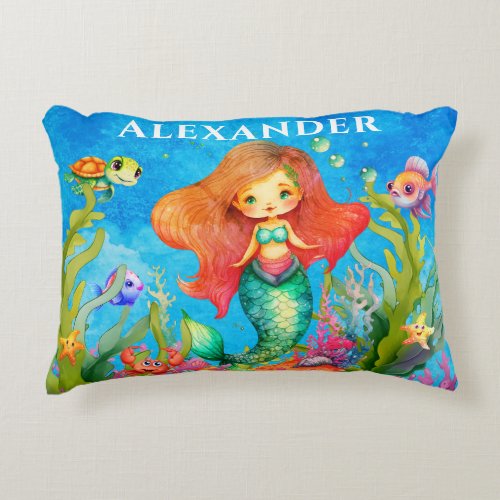 Cute Monogram Name Coastal Mermaid Accent Pillow