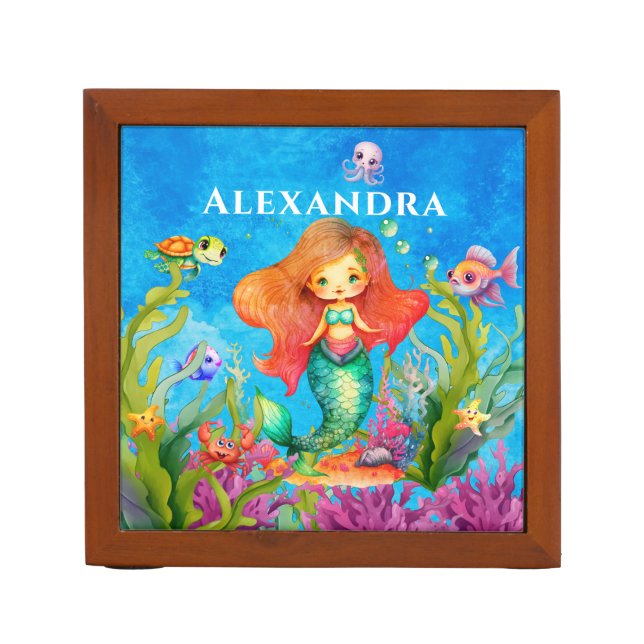 Cute Monogram Name Coastal Mermaid Desk Organizer (Front)