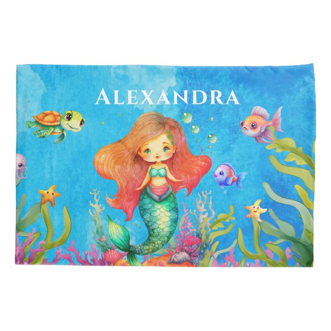 Cute Monogram Name Coastal Mermaid Pillow Case (Back)