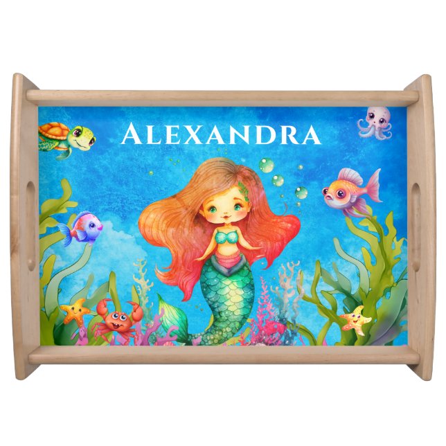 Cute Monogram Name Coastal Mermaid Serving Tray (Front)