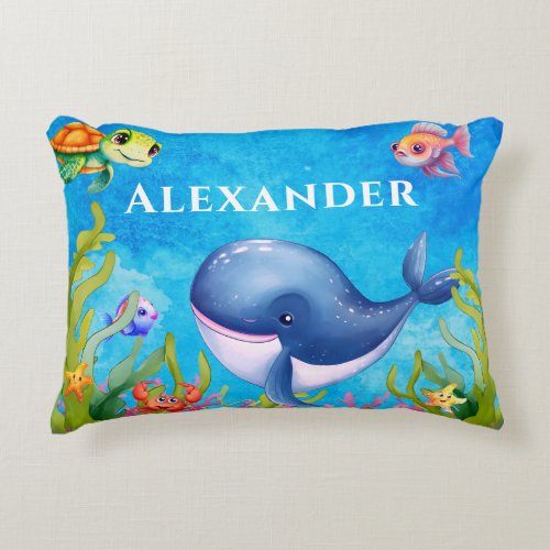 Cute Monogram Name Coastal Sea Turtle and Whale Accent Pillow