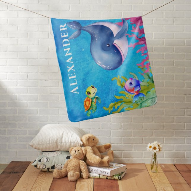 Cute Monogram Name Coastal Sea Turtle and Whale Baby Blanket (In Situ)