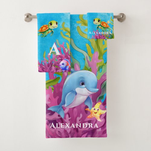 Cute Monogram Name Coastal Sea Turtle Dolphin Bath Towel Set