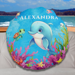 Cute Monogram Name Coastal Sea Turtle Dolphin Round Pillow