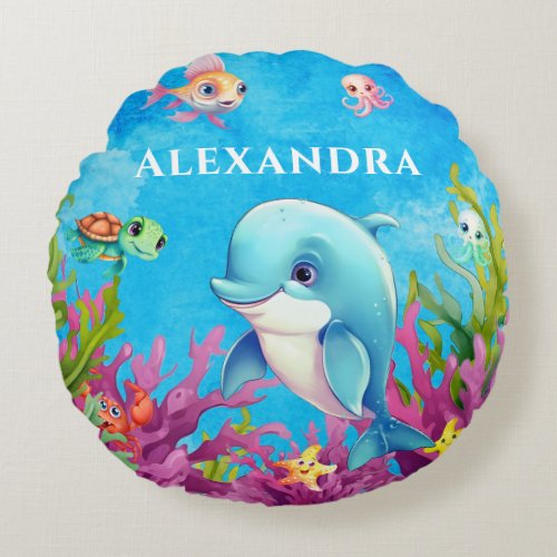 Cute Monogram Name Coastal Sea Turtle Dolphin Round Pillow