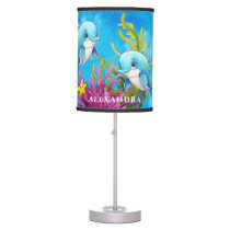 Cute Monogram Name Coastal Sea Turtle Dolphin Table Lamp