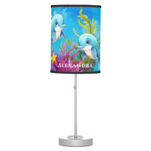 Cute Monogram Name Coastal Sea Turtle Dolphin Table Lamp