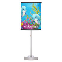 Cute Monogram Name Coastal Sea Turtle Dolphin Table Lamp