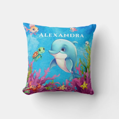 Cute Monogram Name Coastal Sea Turtle Dolphin Throw Pillow