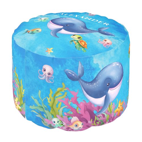 Cute Monogram Name Coastal Sea Turtle Whale Pouf