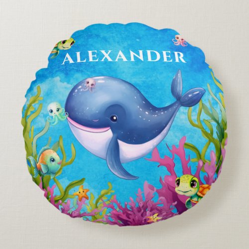 Cute Monogram Name Coastal Sea Turtle Whale Round Pillow