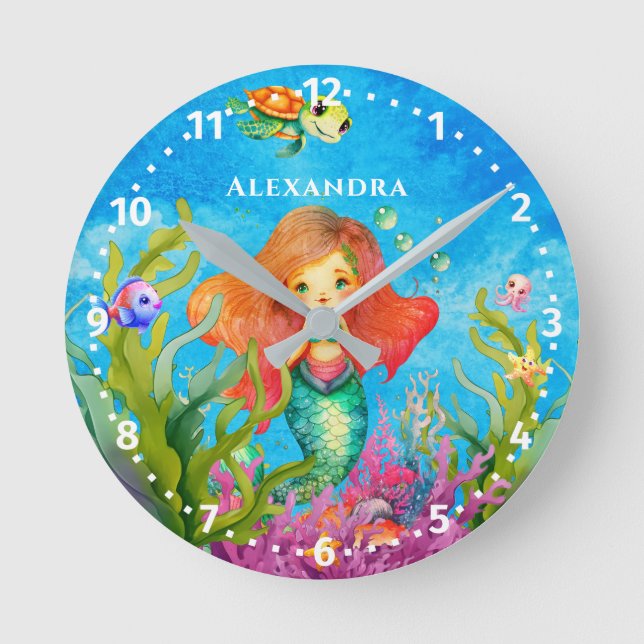 Cute Monogram Name Mermaid and Turtles Round Clock (Front)