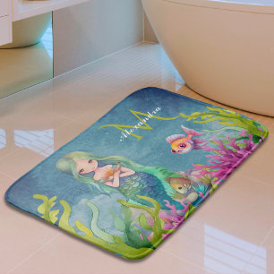 Cute Monogram Name Mermaid Bath Mat