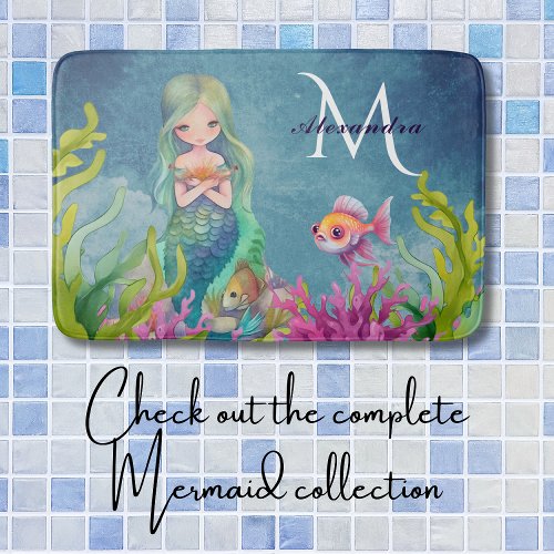 Cute Monogram Name  Mermaid Bath Mat