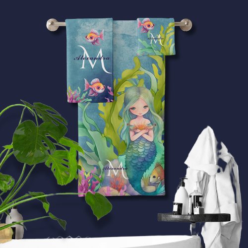 Cute Monogram Name Mermaid Bath Towel Set