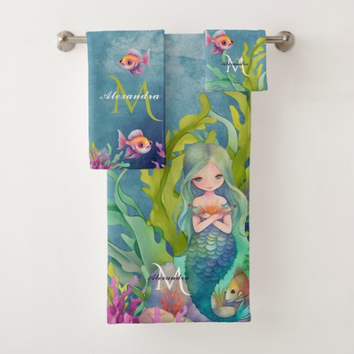 Cute Monogram Name Mermaid Bath Towel Set