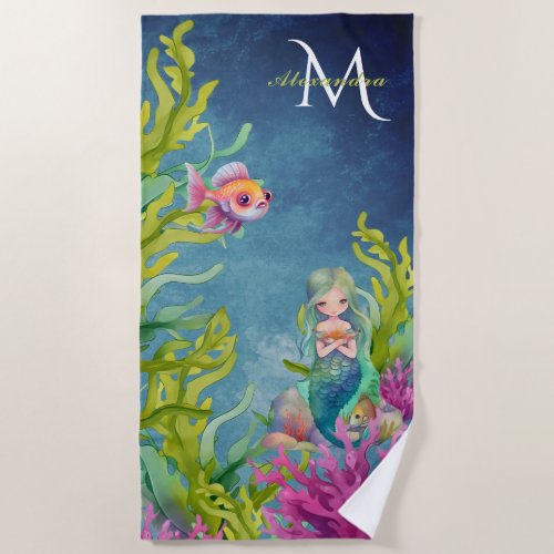 Cute Monogram Name Mermaid Beach Towel