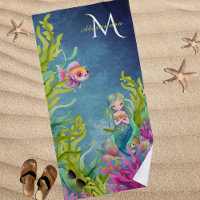 Cute Monogram Name Mermaid Beach Towel