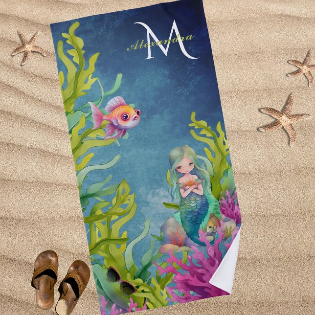 Cute Monogram Name Mermaid Beach Towel (Creator Uploaded)