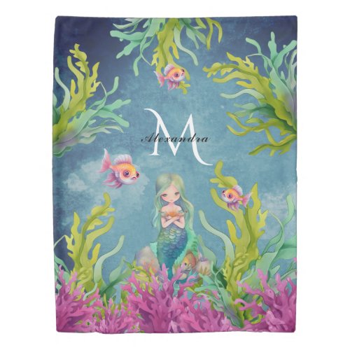 Cute Monogram Name Mermaid Duvet Cover