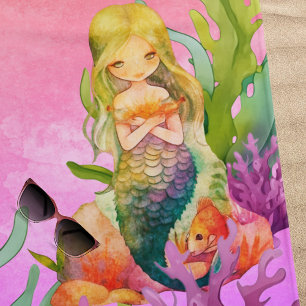Cute Monogram Name Mermaid Pink Beach Towel