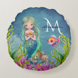 Cute Monogram Name Mermaid Round Pillow