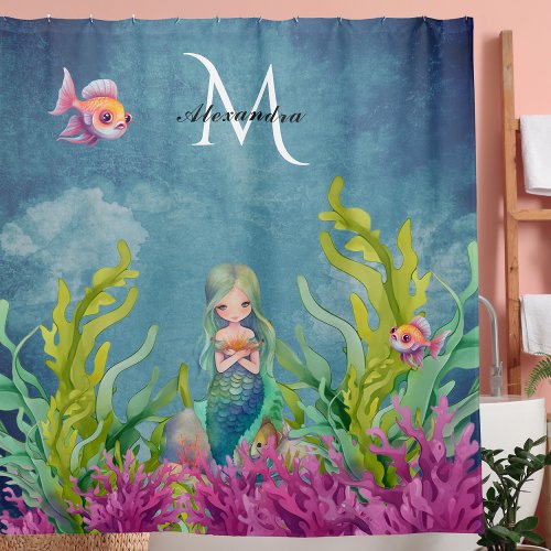 Cute Monogram Name Mermaid Shower Curtain