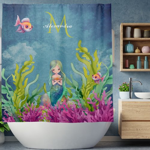 Cute Monogram Name Mermaid Shower Curtain