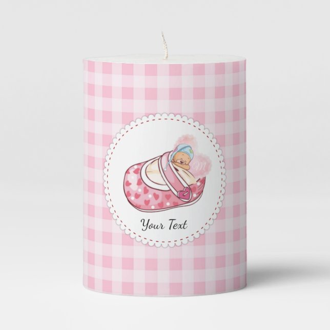 Cute Monogram Name Pink Modern Pillar Candle (Front)