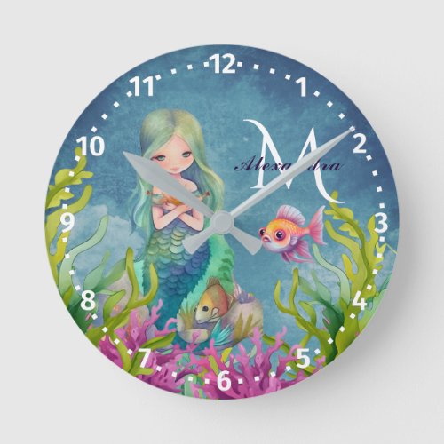 Cute Monogram Name watercolor Mermaid Round Clock