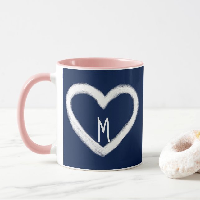 Cute Monogram Navy White Heart Valentine Mug (With Donut)
