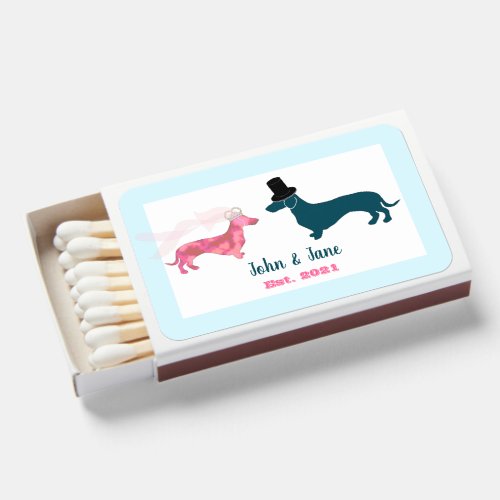 Cute Monogram Newlyweds Dachshund Dogs Light Blue  Matchboxes