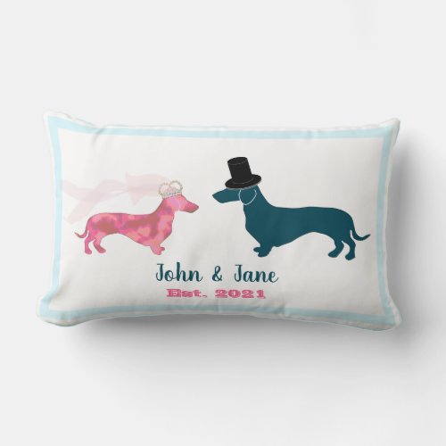 Cute Monogram Newlyweds Dachshund Dogs Pale Blue Lumbar Pillow