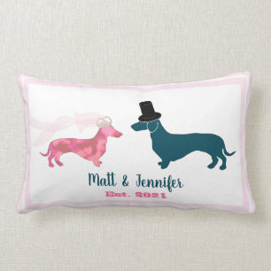 Cute Monogram Newlyweds Dachshund Dogs Pink Lumbar Pillow